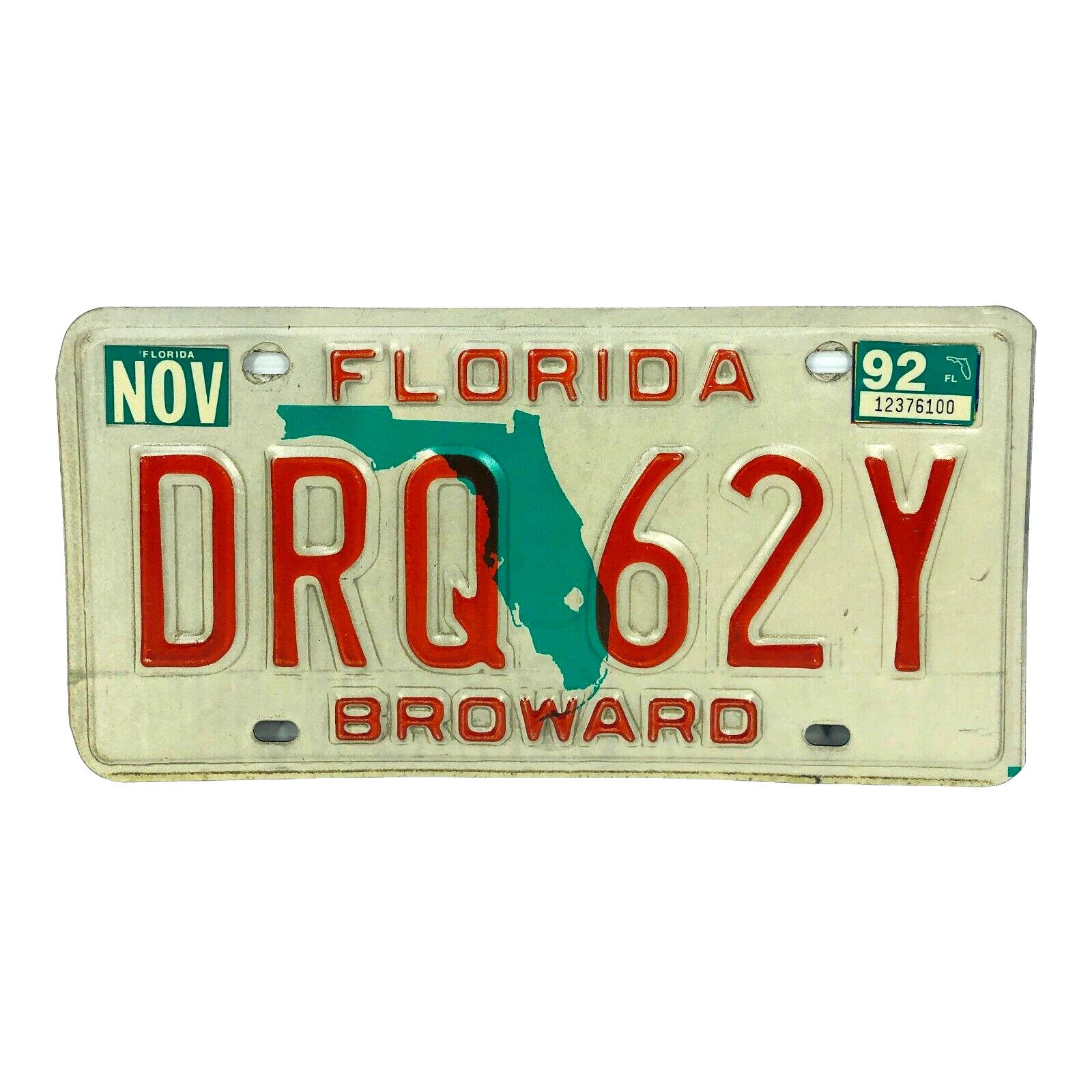 Vintage 1992 Florida License Plate Tag Broward County DRQ 62Y