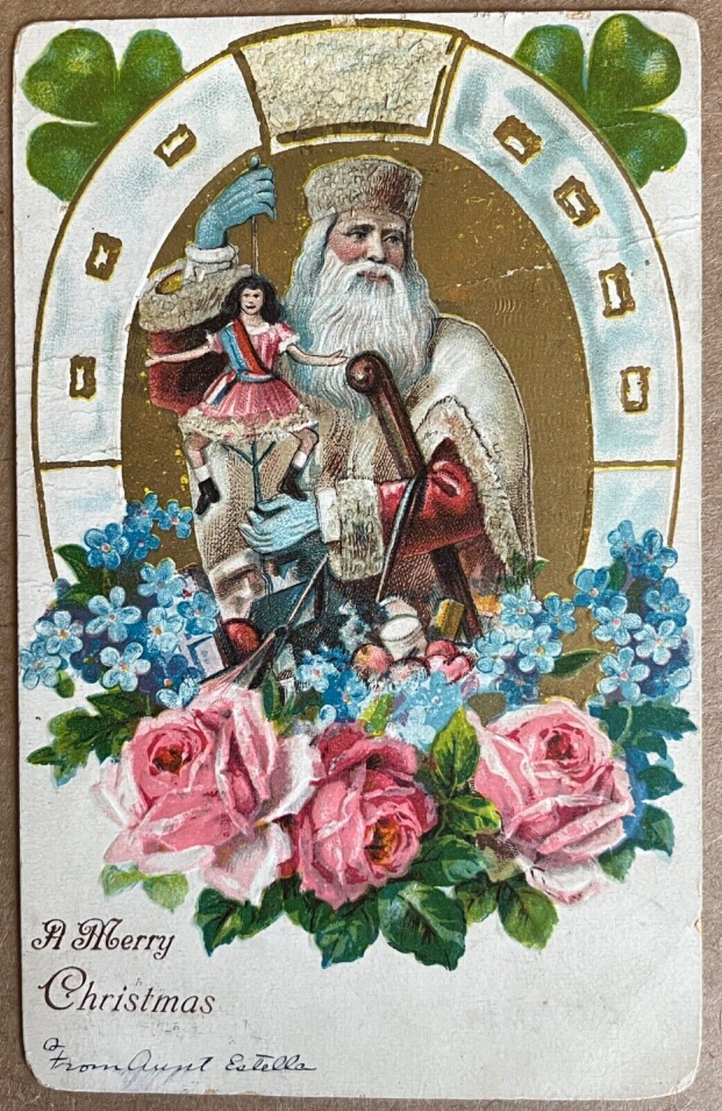Antique Christmas Old World Santa White Robe Blue Gloves Postcard c1900
