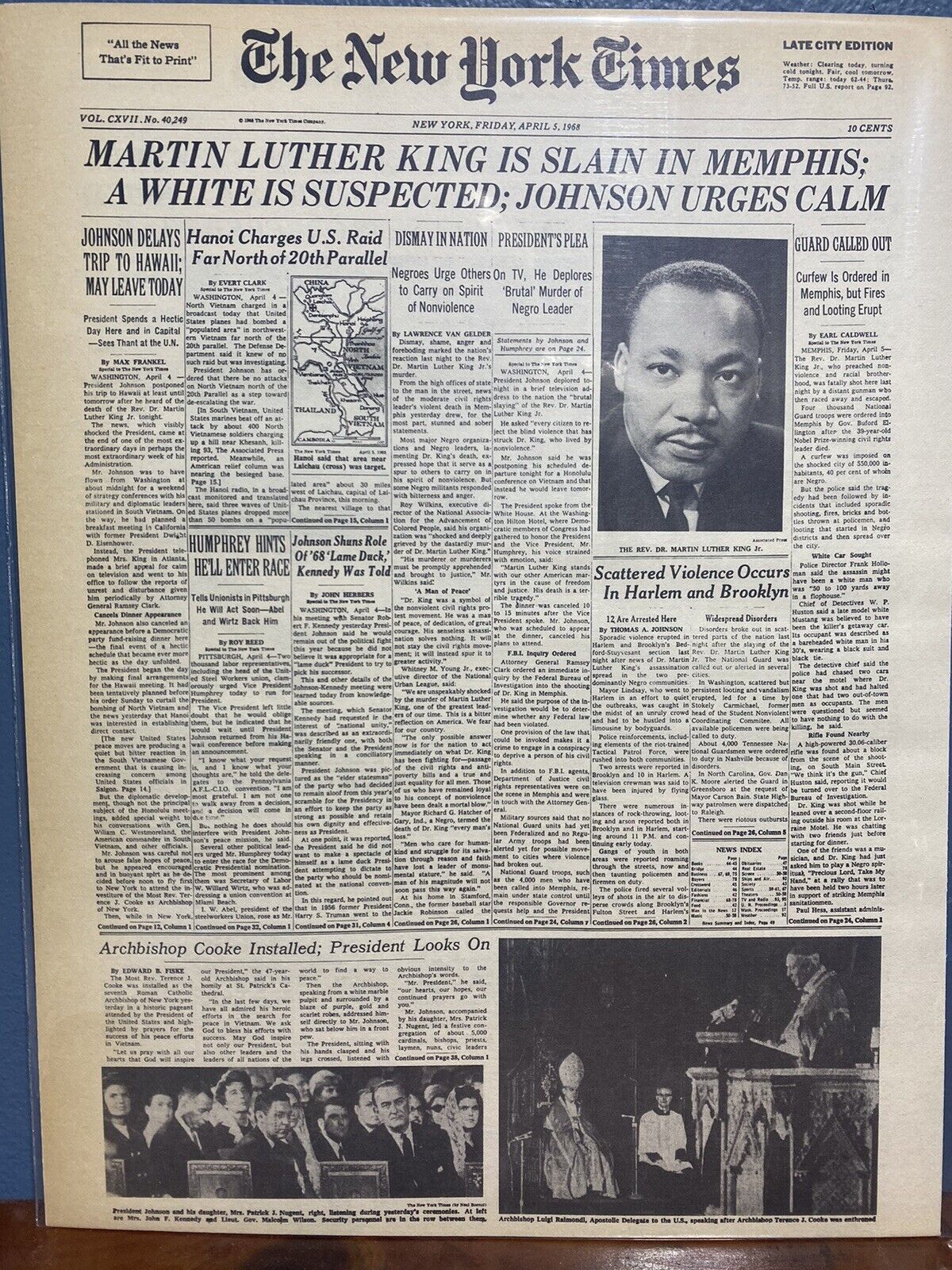 VINTAGE NEWSPAPER HEADLINE~MARTIN LUTHER KING KILLED SHOT MEMPHIS APRIL 4 1968