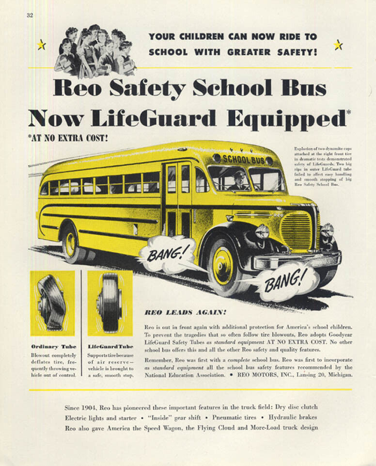 Now Lifeguard Equipped Reo Safety School Bus ad 1947 F