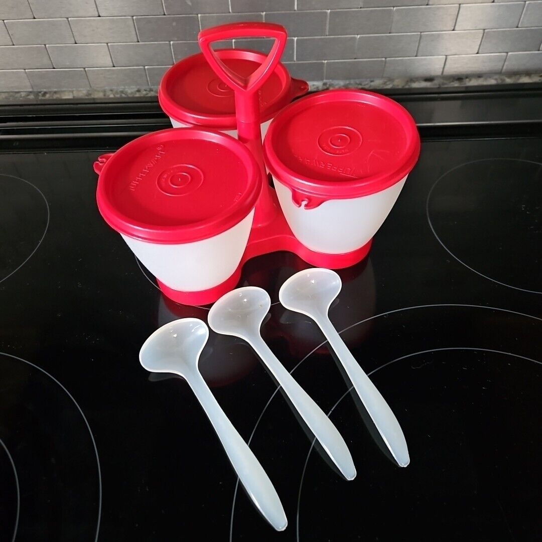 USA VINTAGE TUPPERWARE RED CONDIMENT CADDY WITH 3 CONTAINERS & 3 LADLES