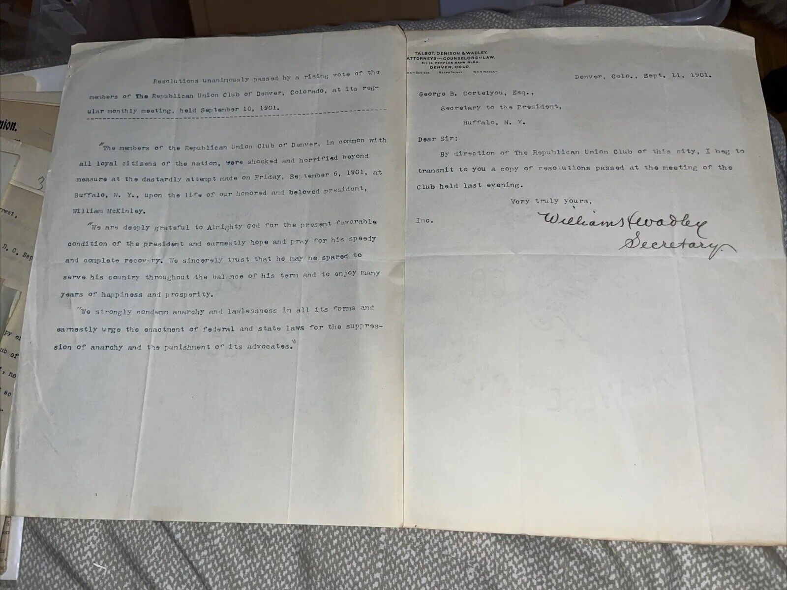 Antique Republican Union Club Denver CO Letter President McKinley Assassination