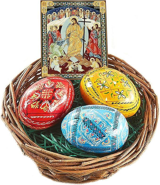 Assorted Painted Wood Easter Pysanky Eggs Mini Resurrection Icon in Basket 3 In