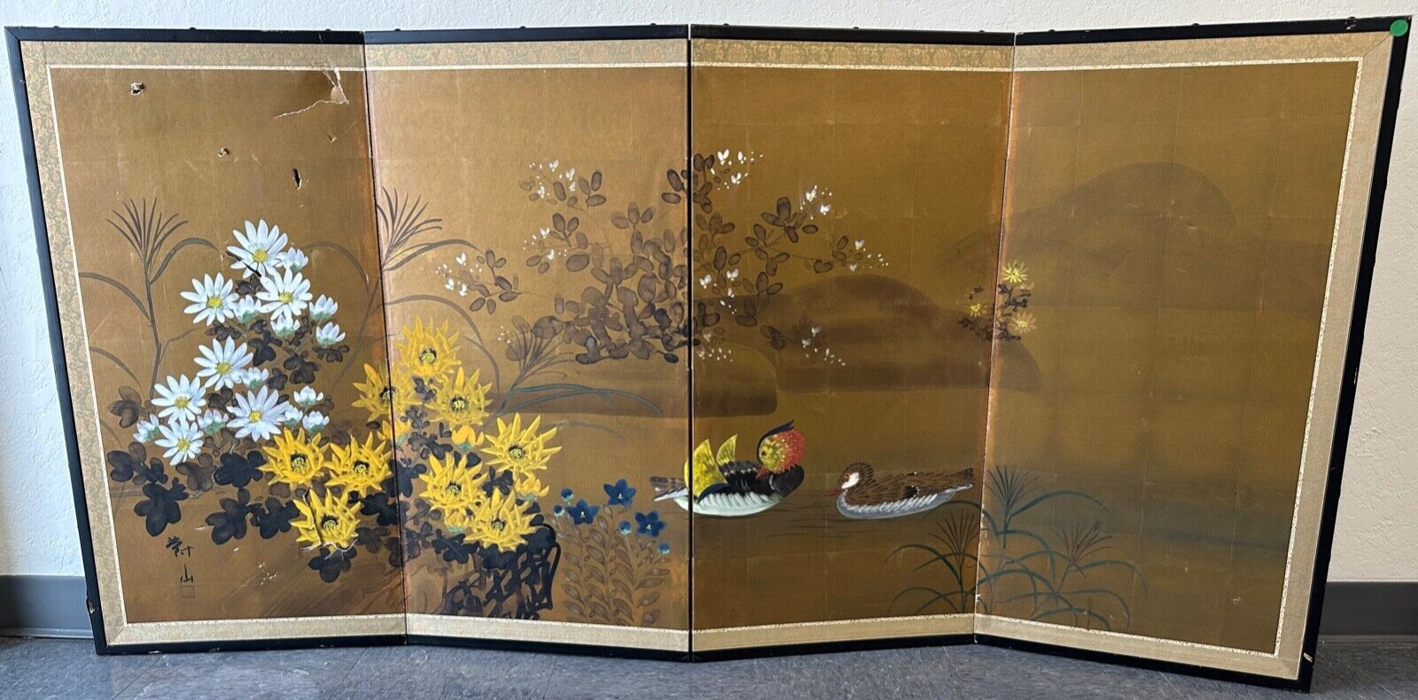 VTG Japanese 4 Panel ATQ Folding Byobu Screen Asian GOLD Painted Chinese 72x36\