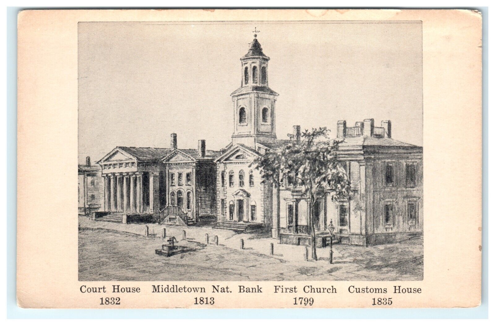 Court House Bank & Church Middletown CT - Early Postcard View