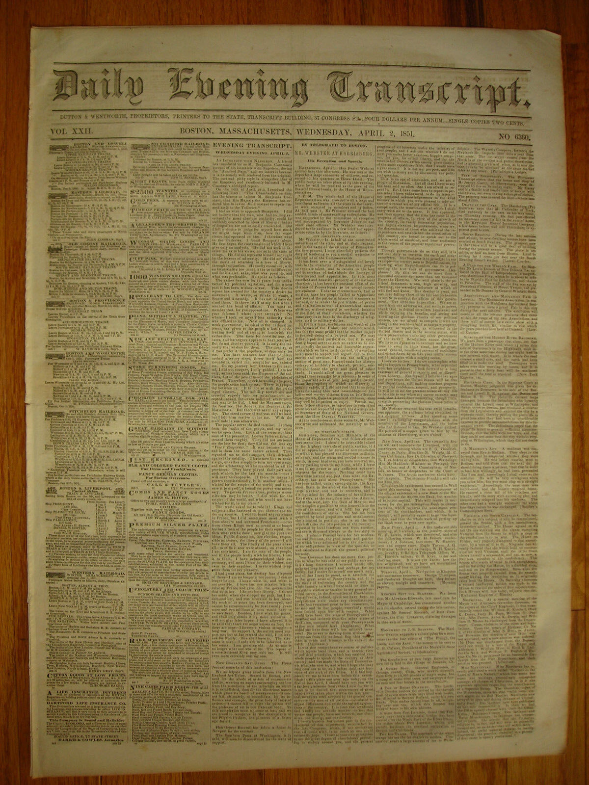 Daily Evening Transcript (Boston MA) 1851 newspaper. Mr. Webster at Harrisburg