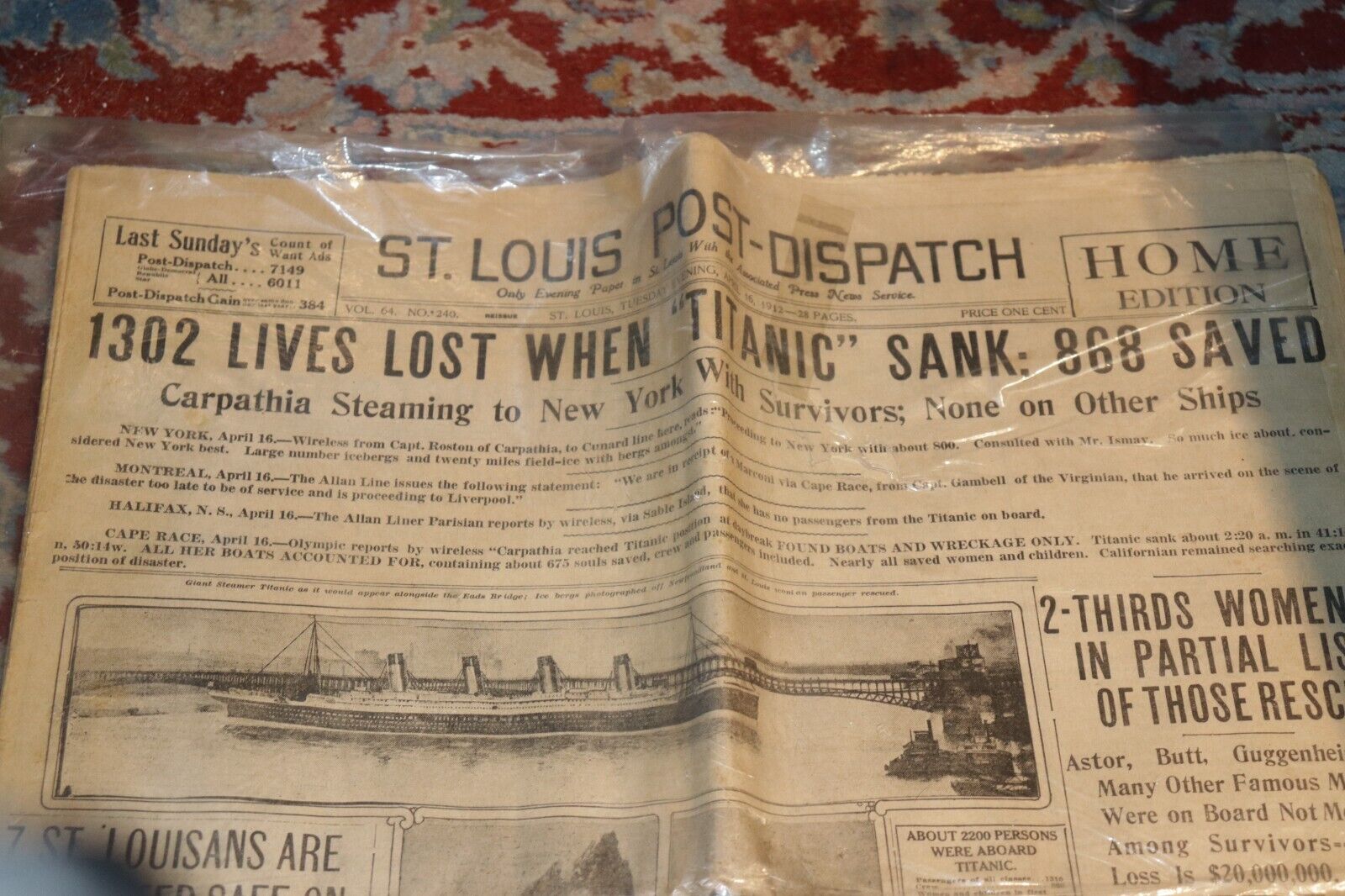 Vintage Reissue Newspaper Dated April 16, 1912 TITANIC St. Louis Post Dispatch