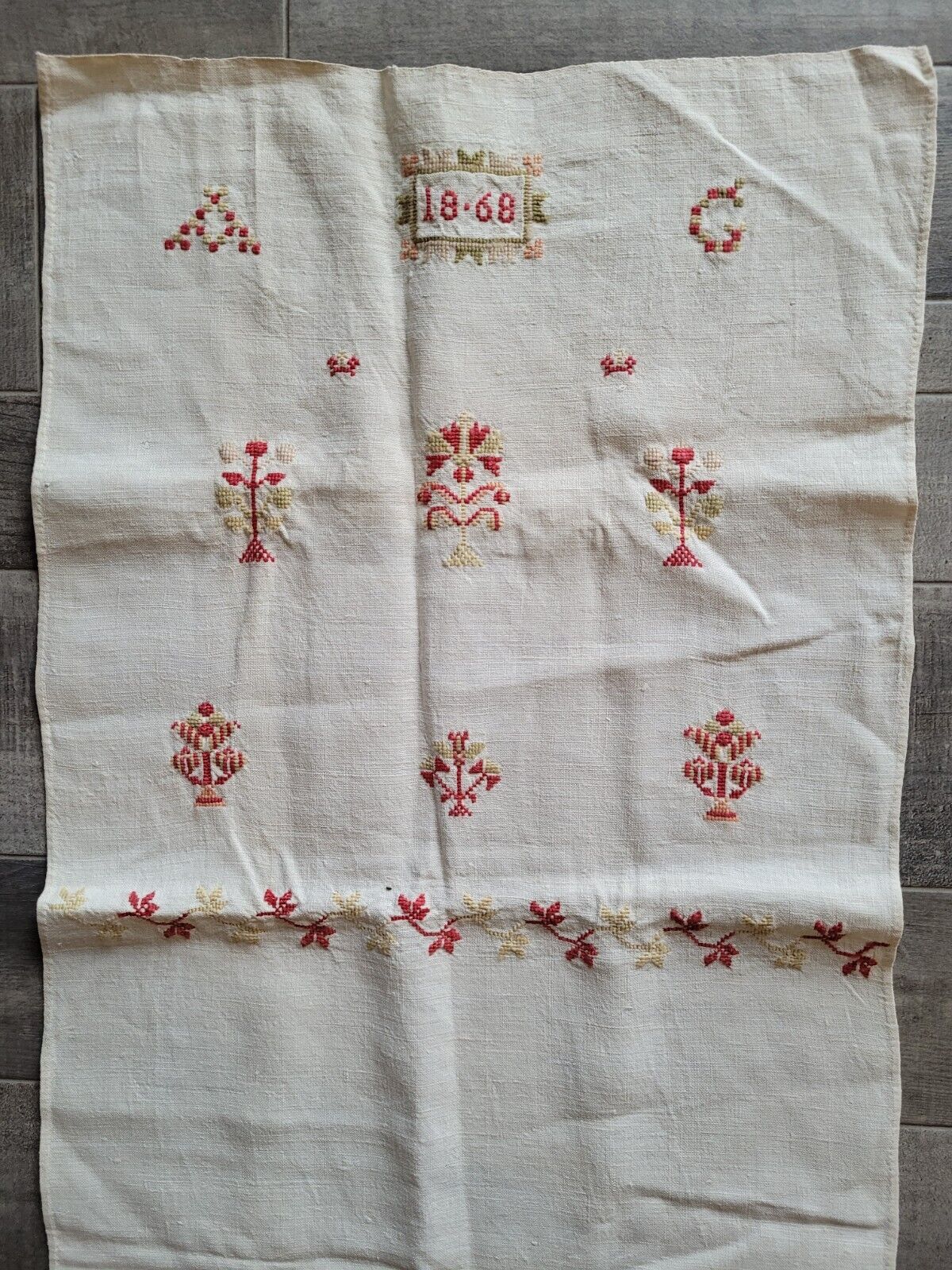 1868 Antique Linen Embroidered Show Towel With Lace
