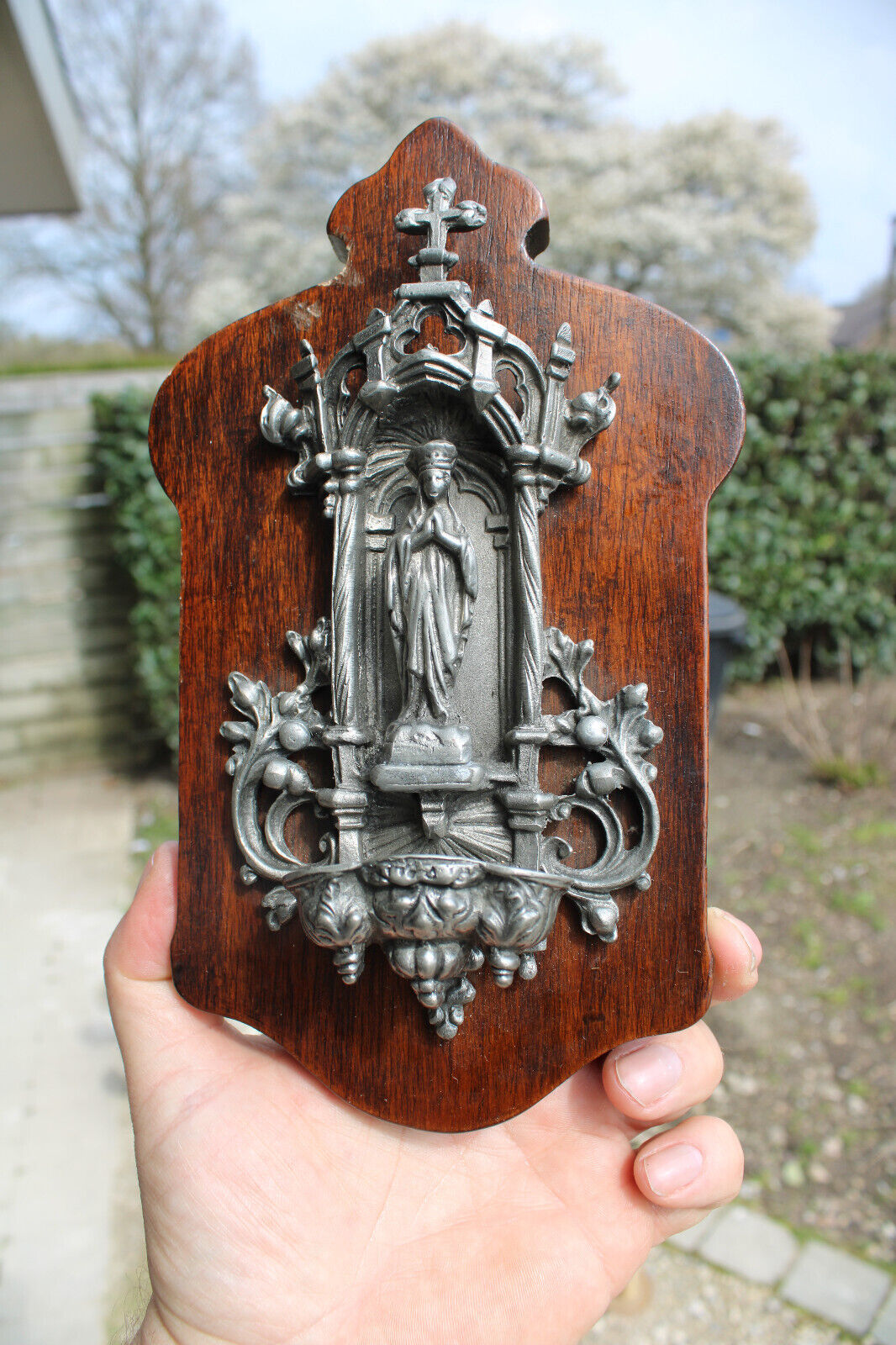 Vintage 60s Metal & wood Wall holy water font chapel madonna figurine plaque