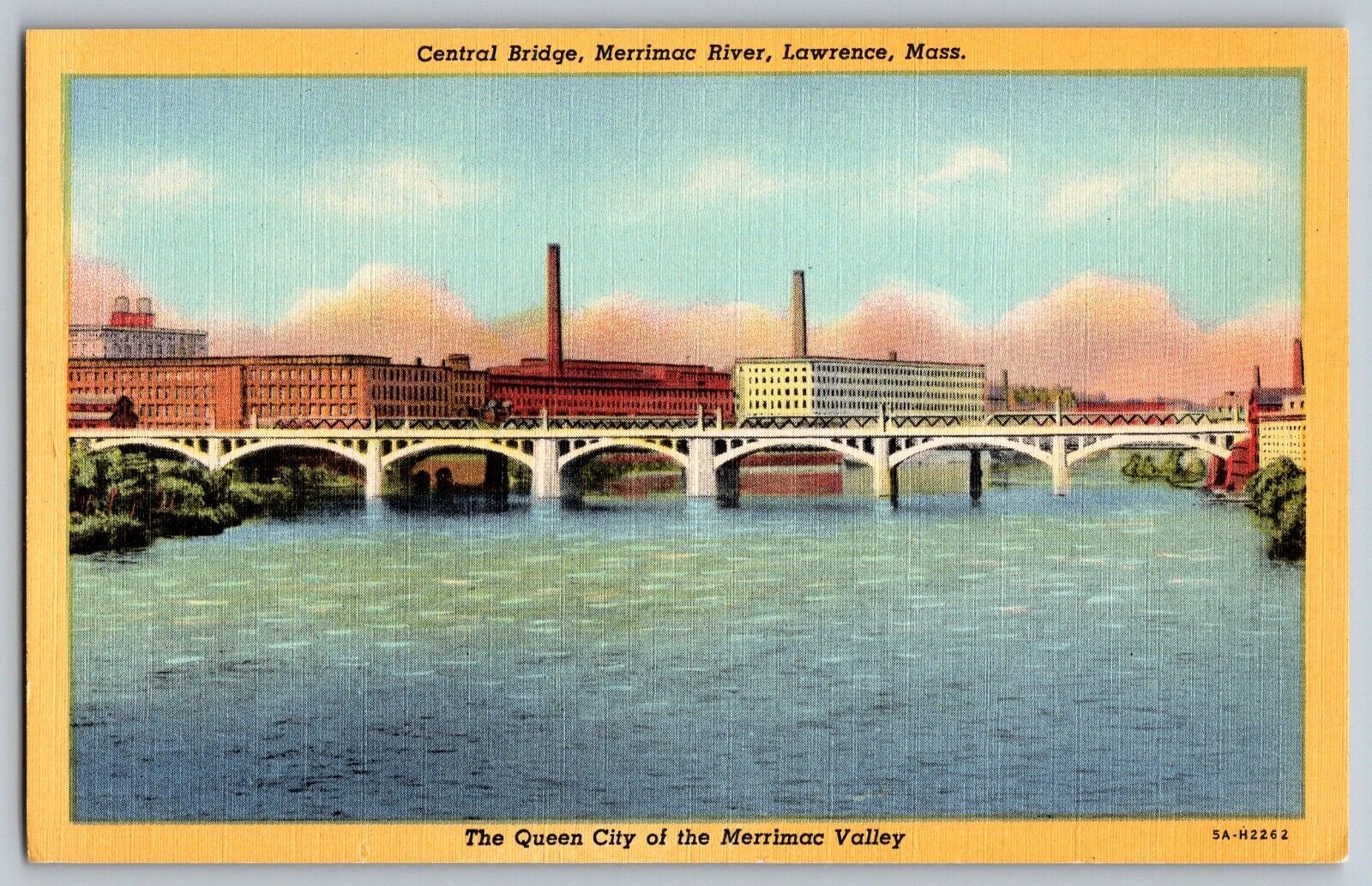 Lawrence, Massachusetts MA - Central Bridge, Merrimac River - Vintage Postcard