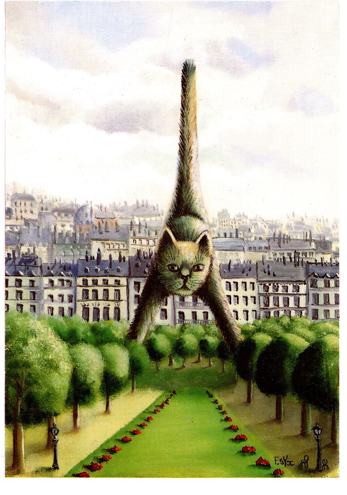 French Art Postcard, The Eiffel Tower Cat, Tabby , Humorous