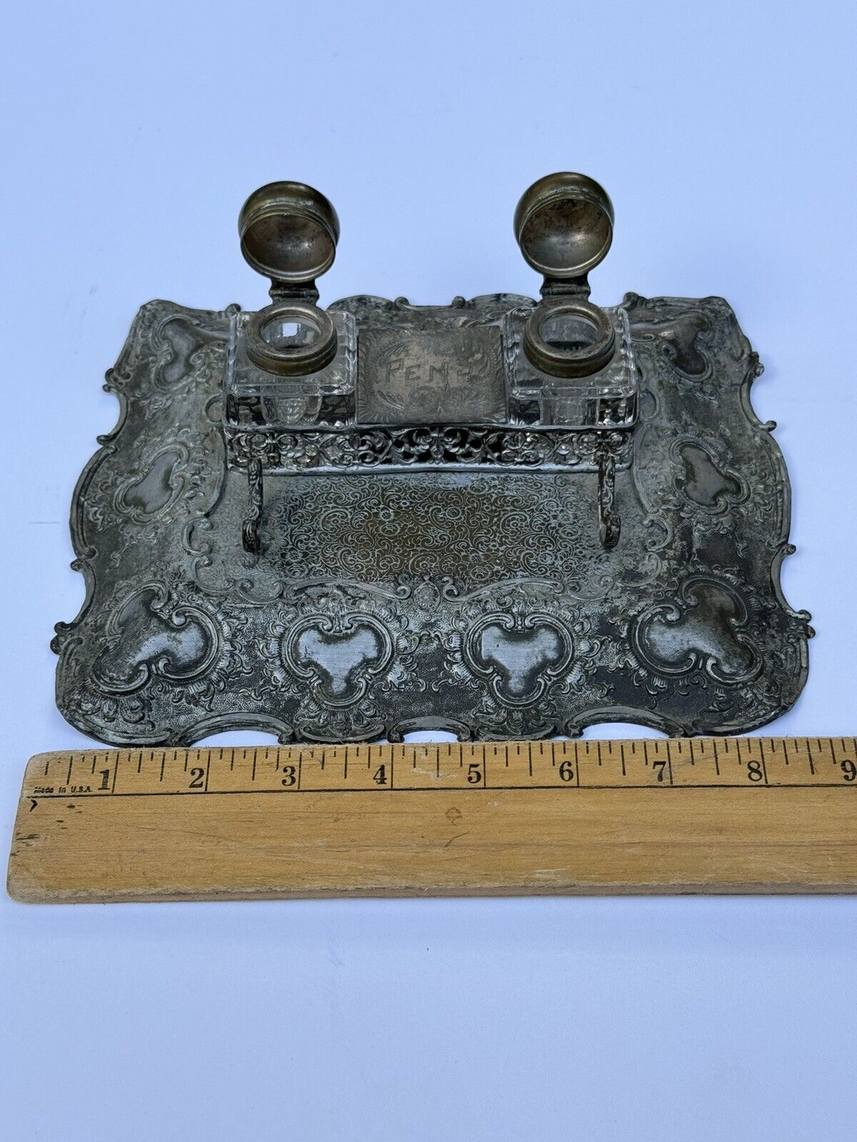 Antique Silver Double Inkwell With Pen Holder