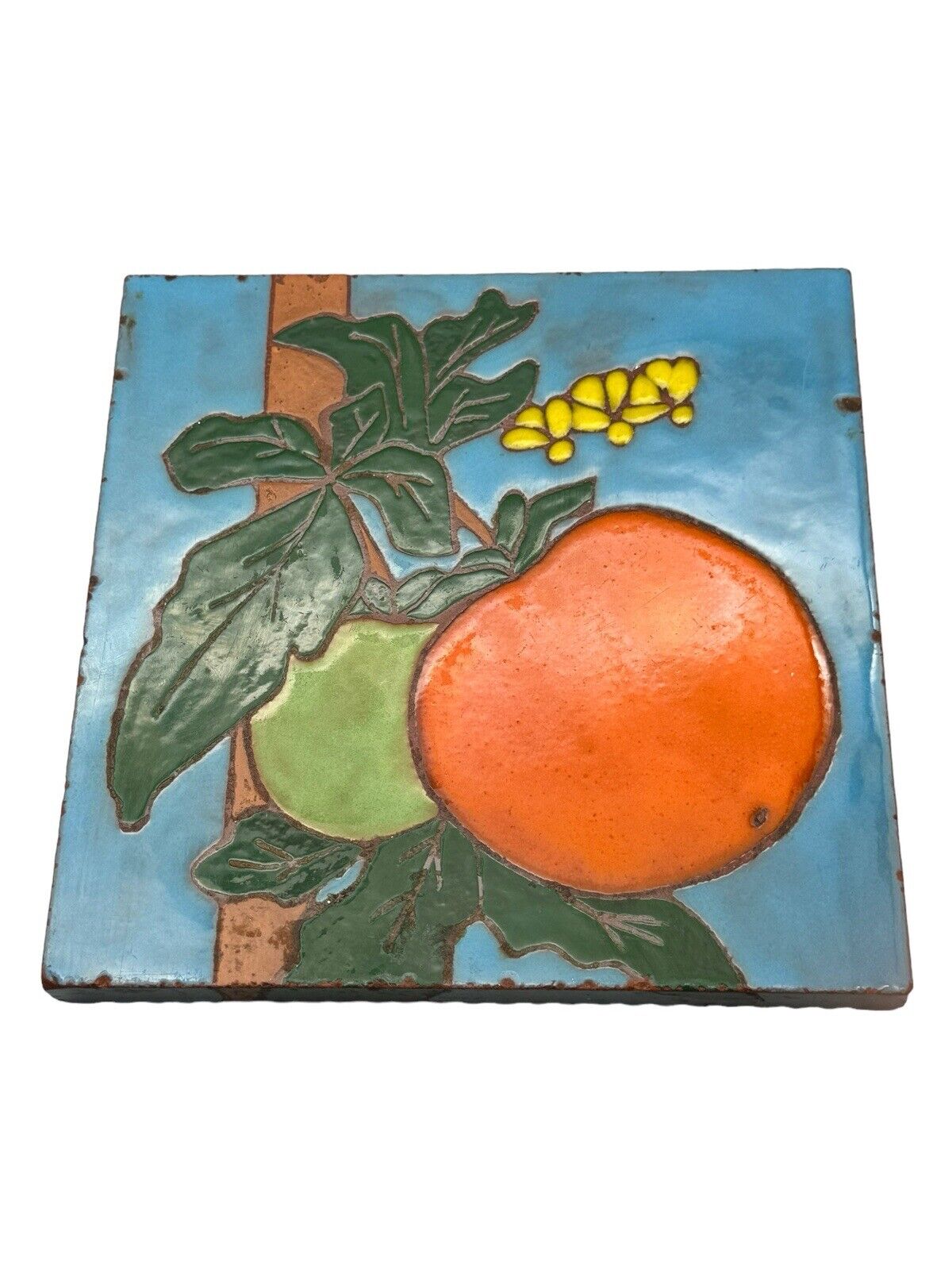 Murray Quarries Art Tile Trivet Blue Orange Fruit Made in USA Vintage 6\
