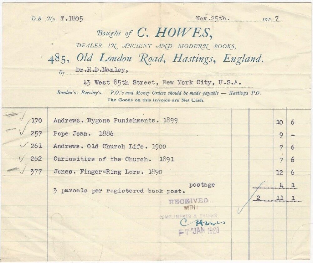 Antiquaruan Bookselller 1927 Hastings England C. Howes Rare Book Dealer Billhead