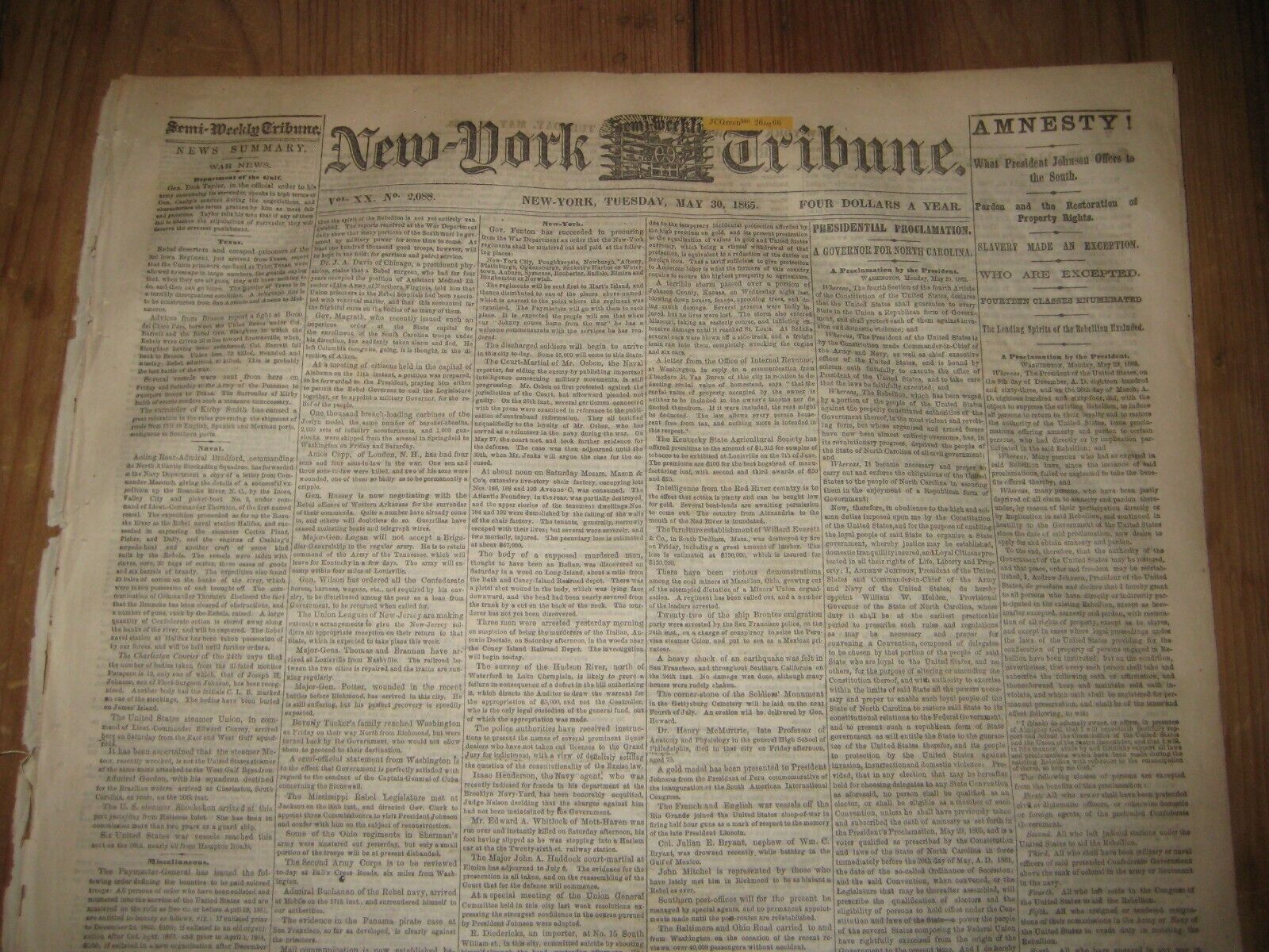 1865 NY Newspaper, Abraham Lincoln Assassination Trial, Amnesty for Confederates
