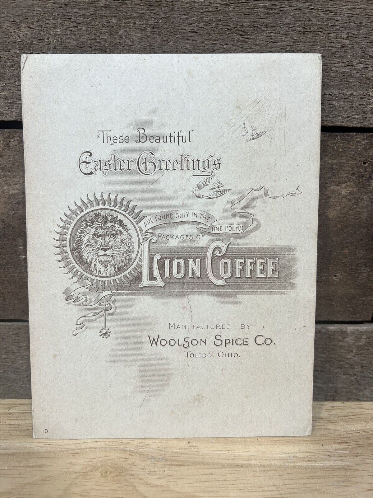 Antique 1890’s Easter Greetings Lion Coffee Woolson Spice Co. Child Trade Card