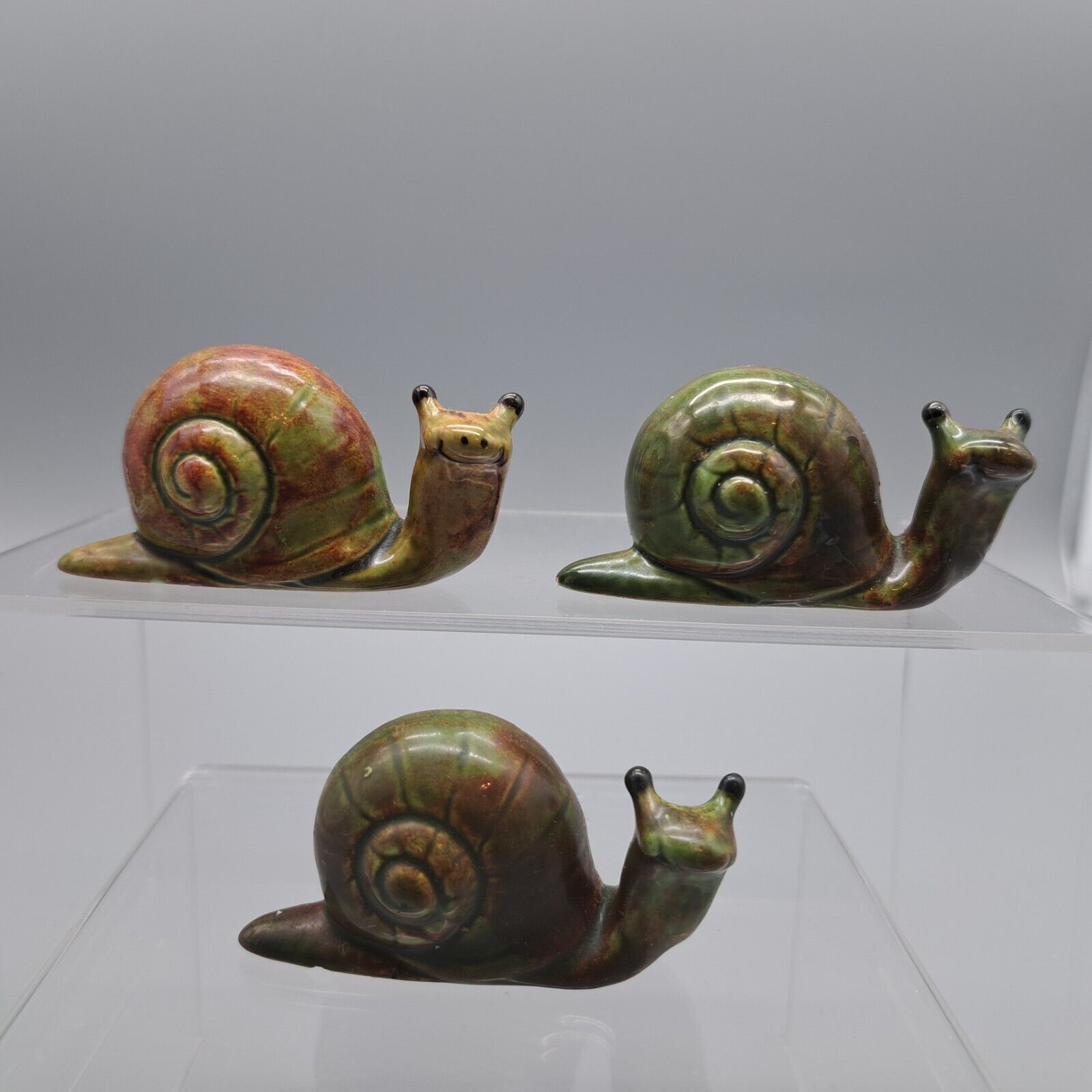 Vintage Glazed Ceramic Snail Lot Of 3 Figures Figurines 