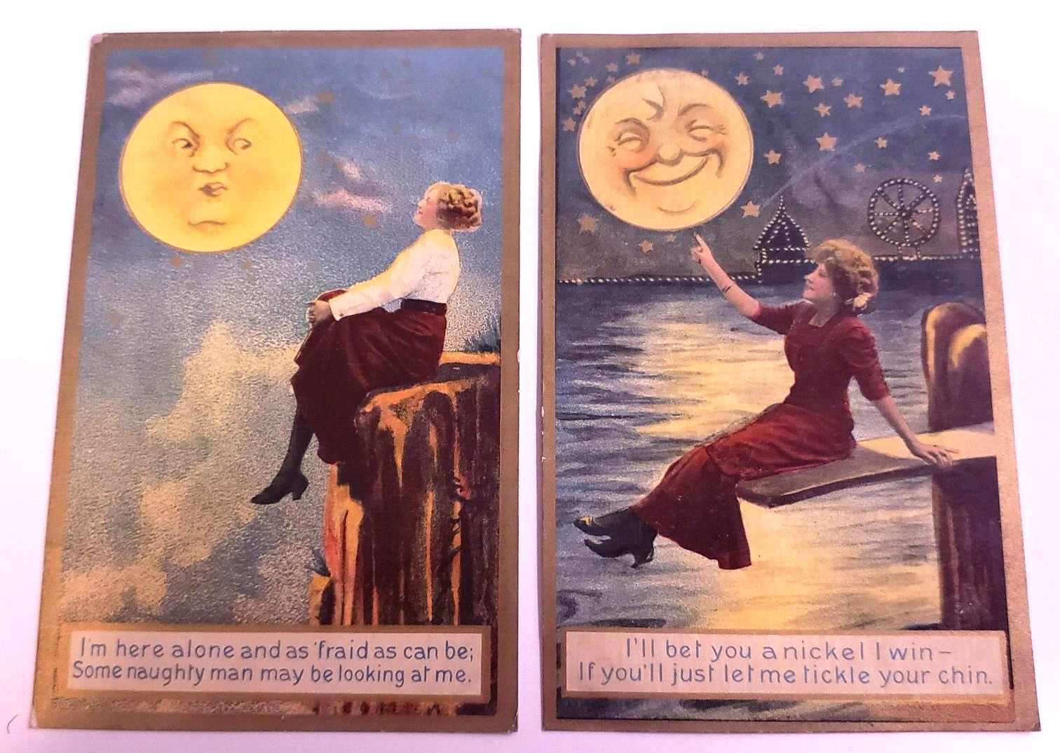 MAN IN THE MOON Two 2 Card Lot 1913 ANTIQUE Victorian Era BEST WISHES POSTCARDS