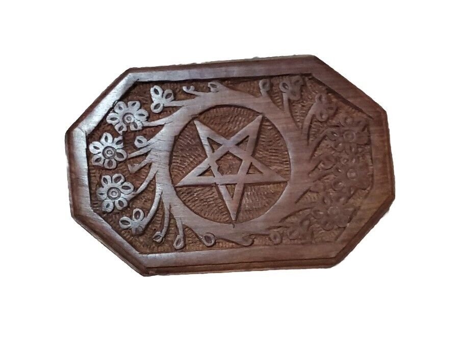 Pentagram Wooden Carved Box for Tarot or Jewelry, Sage Stash Box 