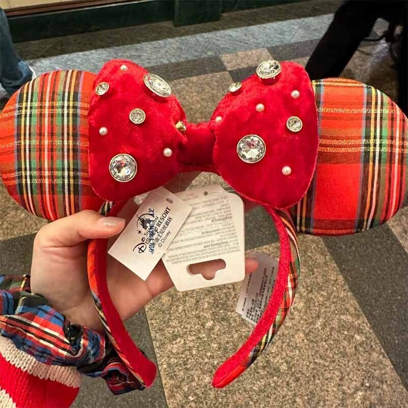 Authentic Shanghai Disney Minnie Mouse Big Bow Red Plaid Ear Headband Exclusive