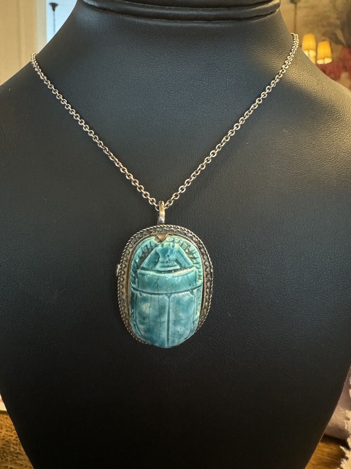 Sterling Set ANCIENT EGYPTIAN ANTIQUE Faience  Scarab Pendant Necklace
