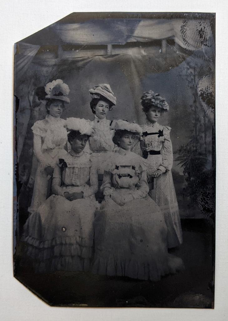 ca. 1890 s TINTYPE GROUP of FIVE LADIES WEARING FANCY DRESSES & HATS VICTORIAN
