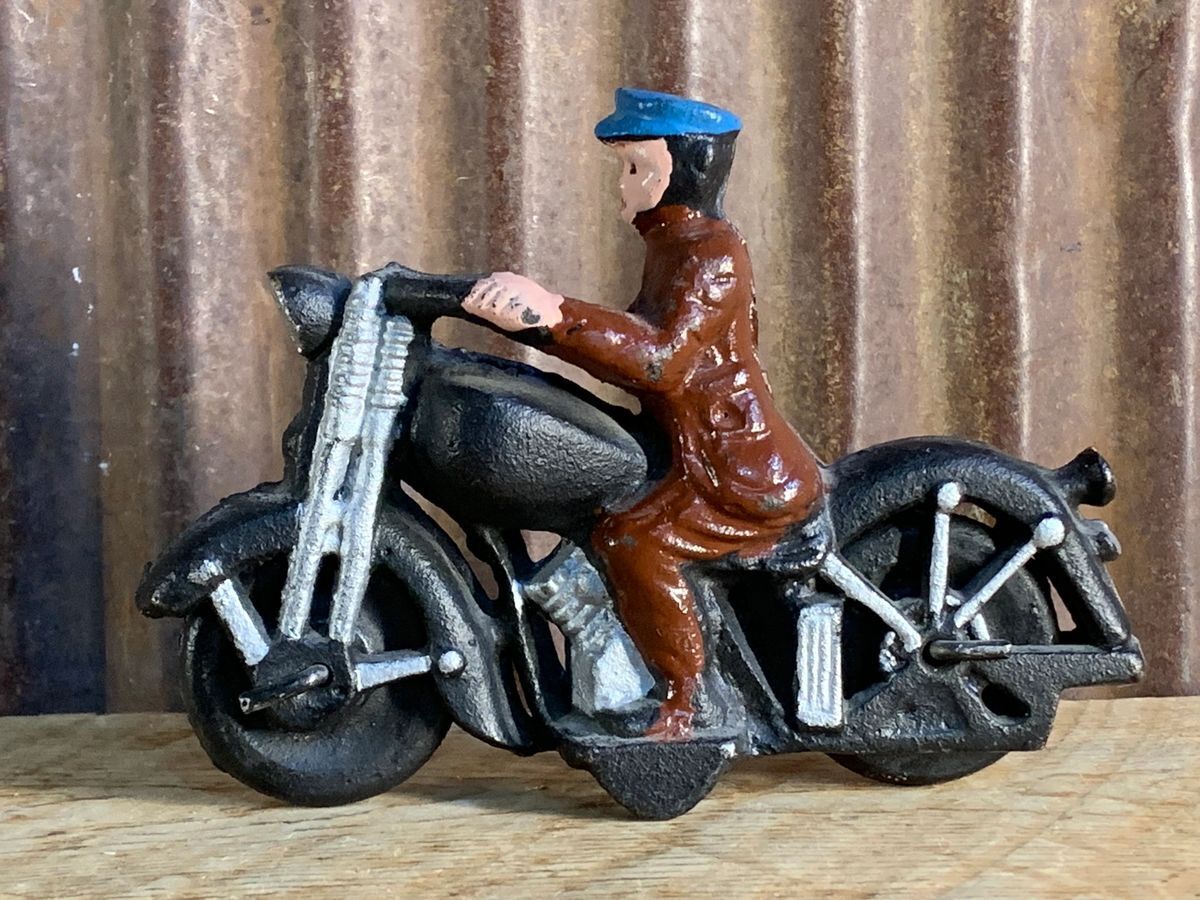 Vintage 1930s-1950s Cast Iron Motorcycle & Rider