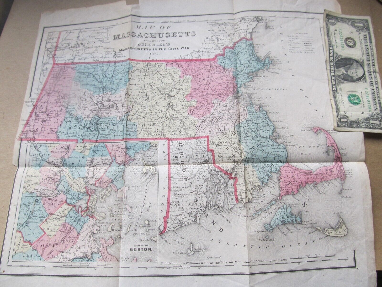 RARE Early 1871 Antique Map of Massachusetts, Schouler, CIVIL WAR, Williams