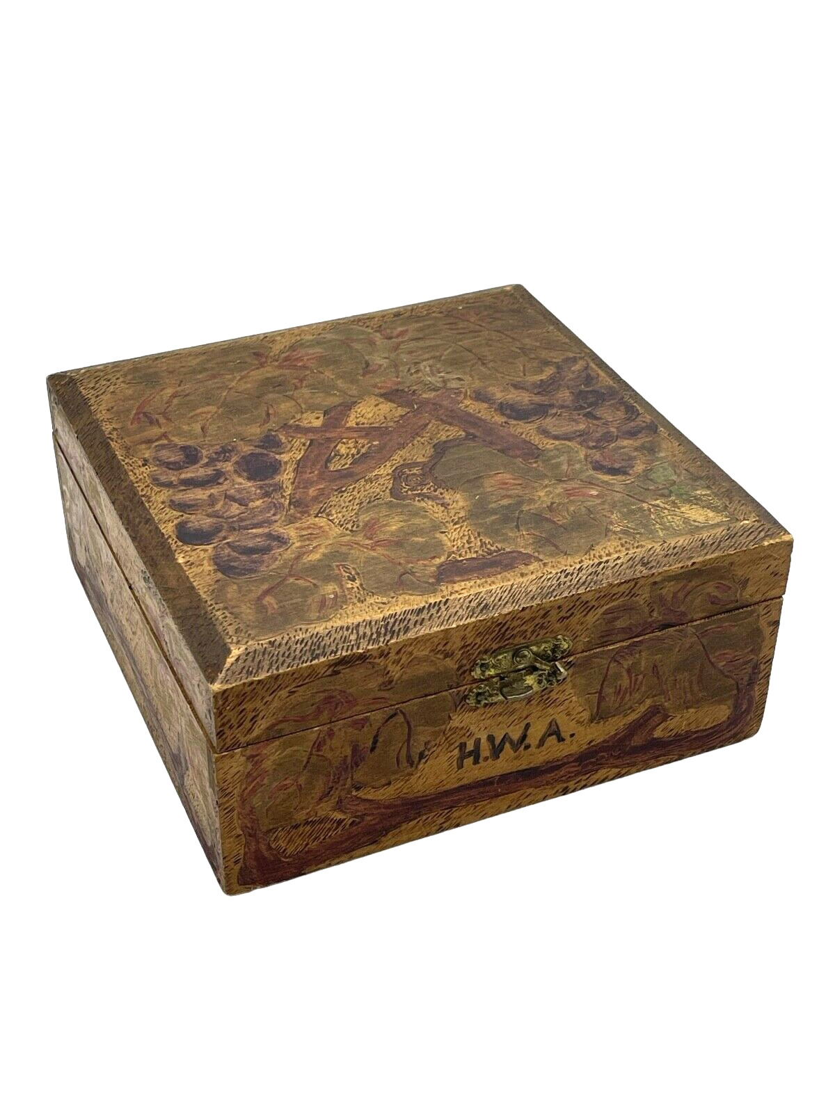 Antique Golde Pyro Art Wood Pyrography Grapevine Box Art Nouveau Flemish Art HWA