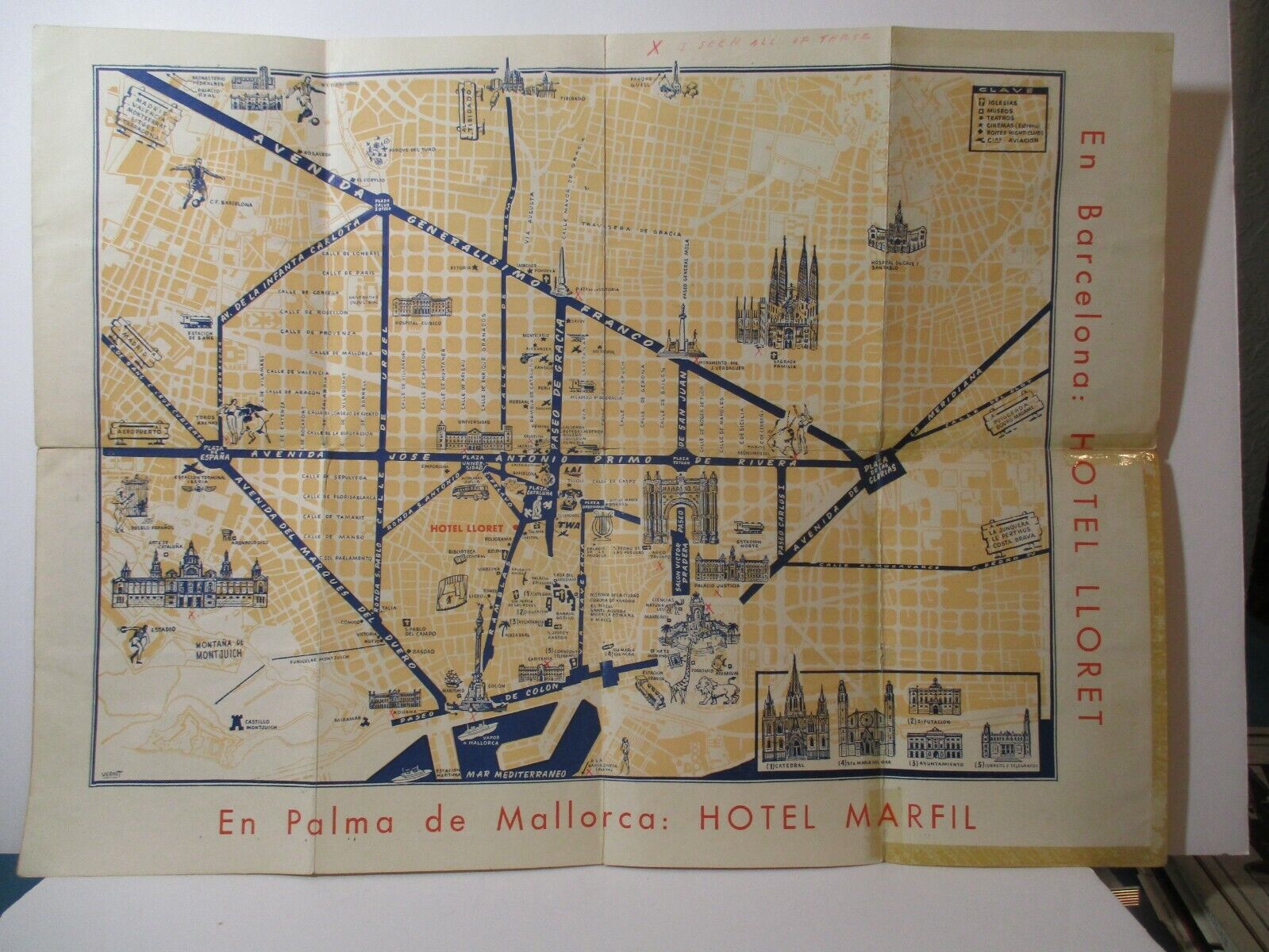 Vintage Pictorial Map Brochure HOTEL MARFIL & LLORET Barcelona Spain 12.5x17
