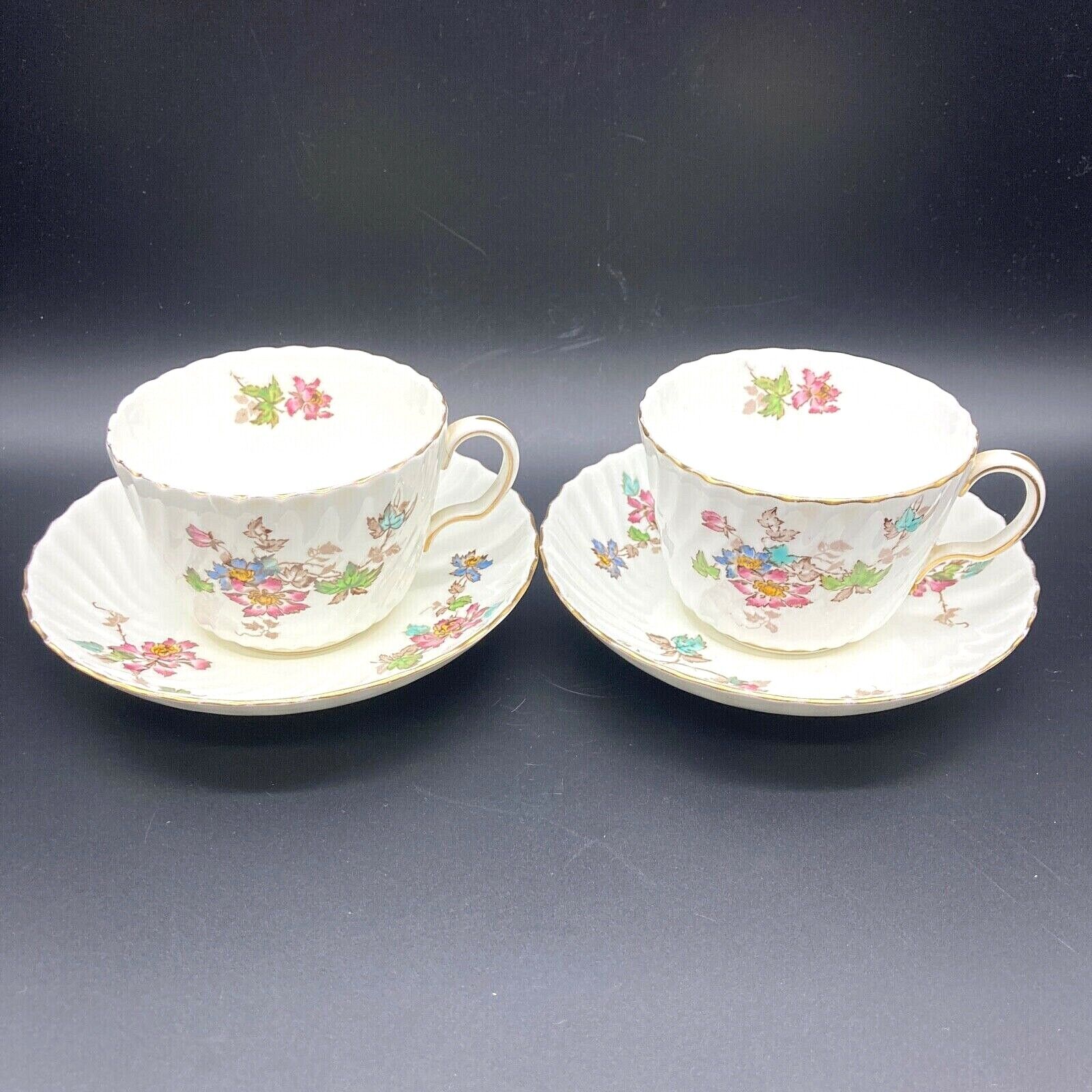 2 Antique Vintage Minton Vermont Round Swirl Flat Tea Cup & Saucer Set Floral 