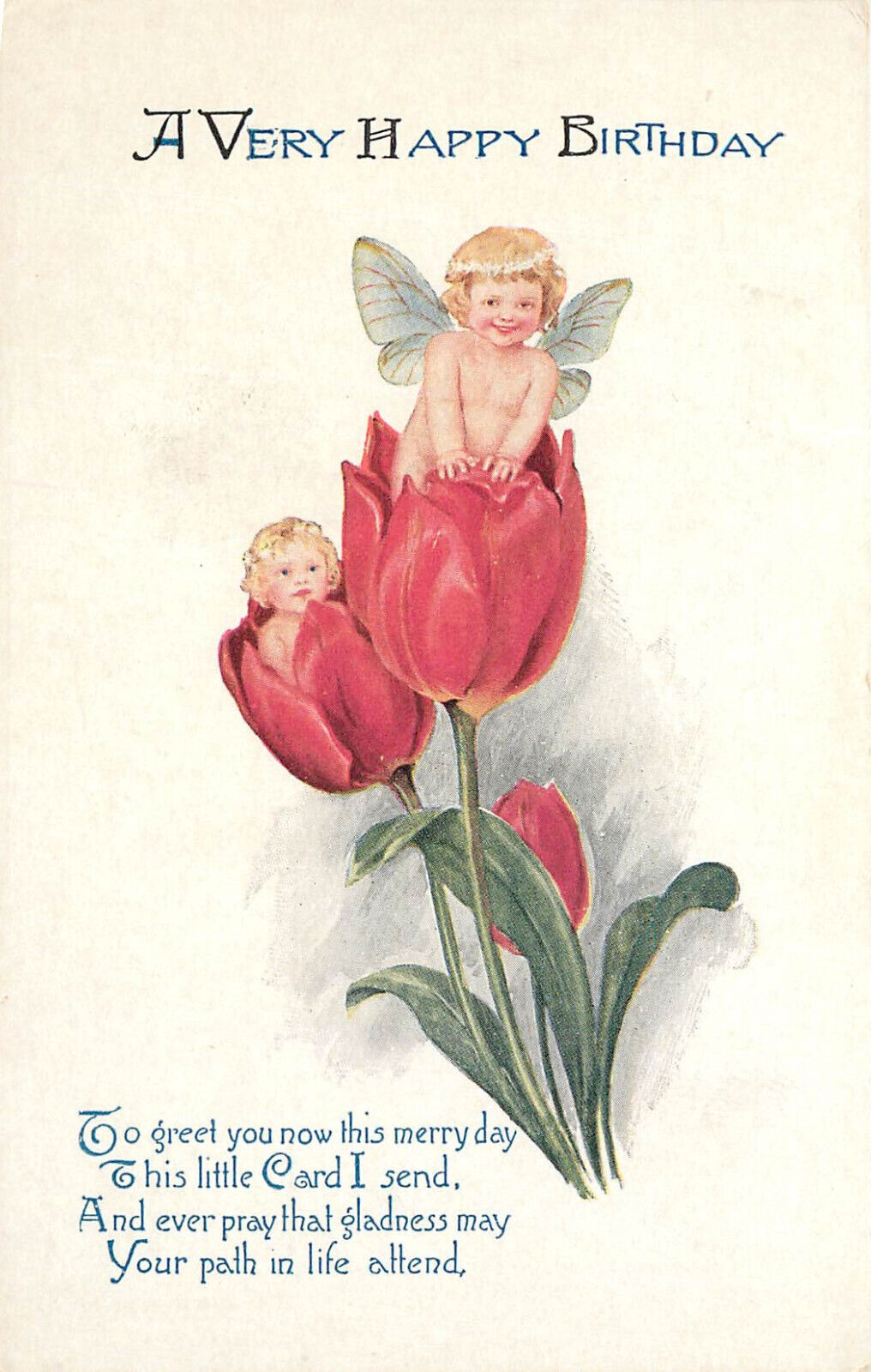 Vintage Postcard Fairy Wings Angel Children in Tulip Fantasy Happy Birthday