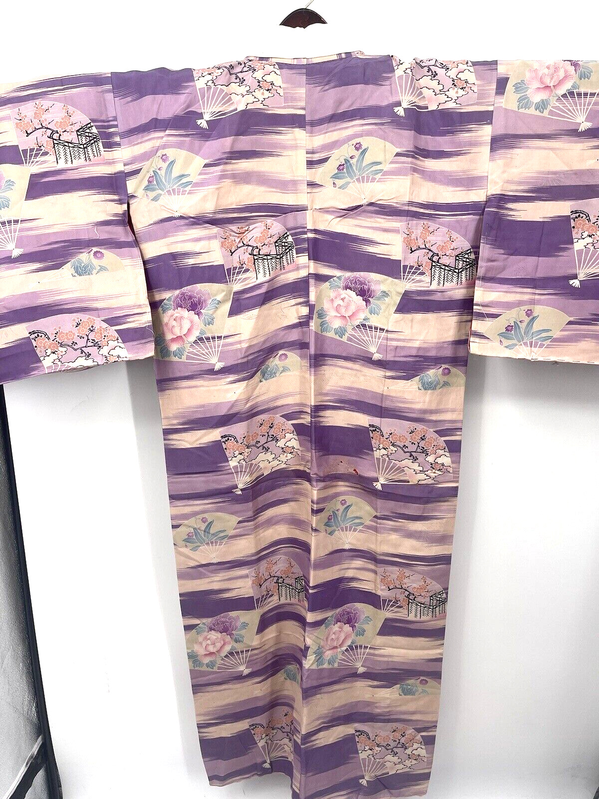 VTG Japanese Kimono Lined Silk Fans Cherry Blossom Purple 55 in READ DETAILS