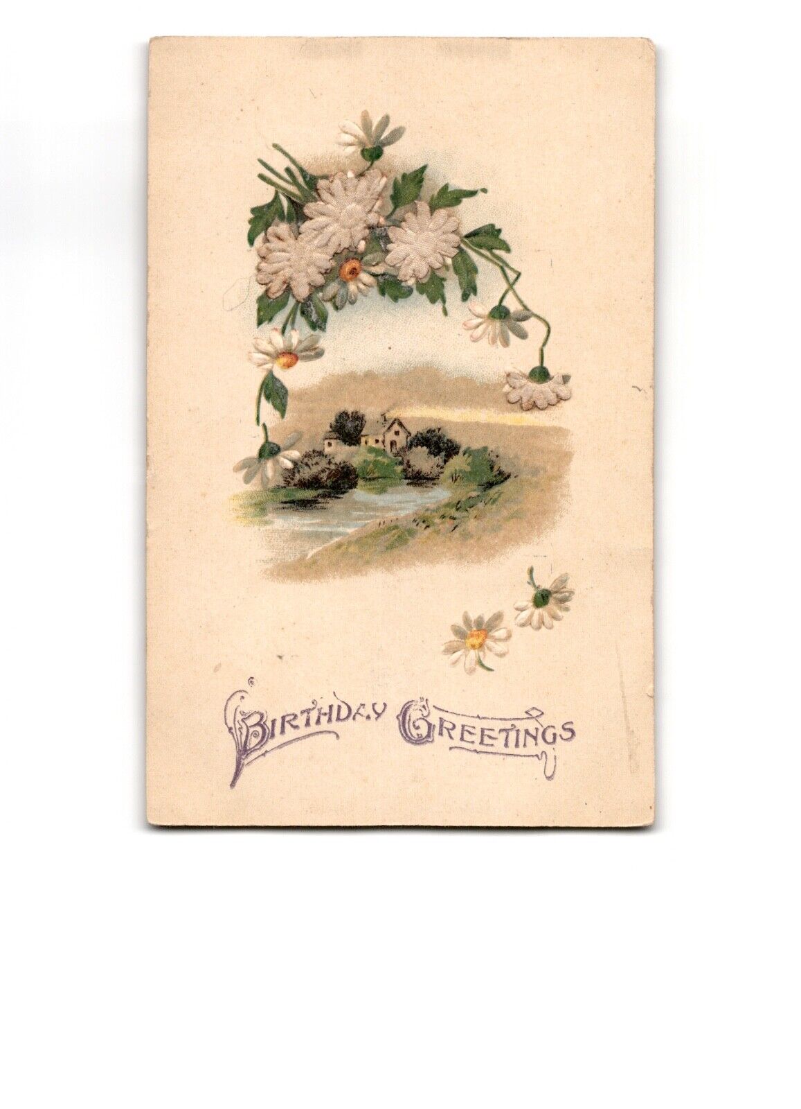 Antique Birthday Greetings Postcard - Vintage Floral Pastoral Scene