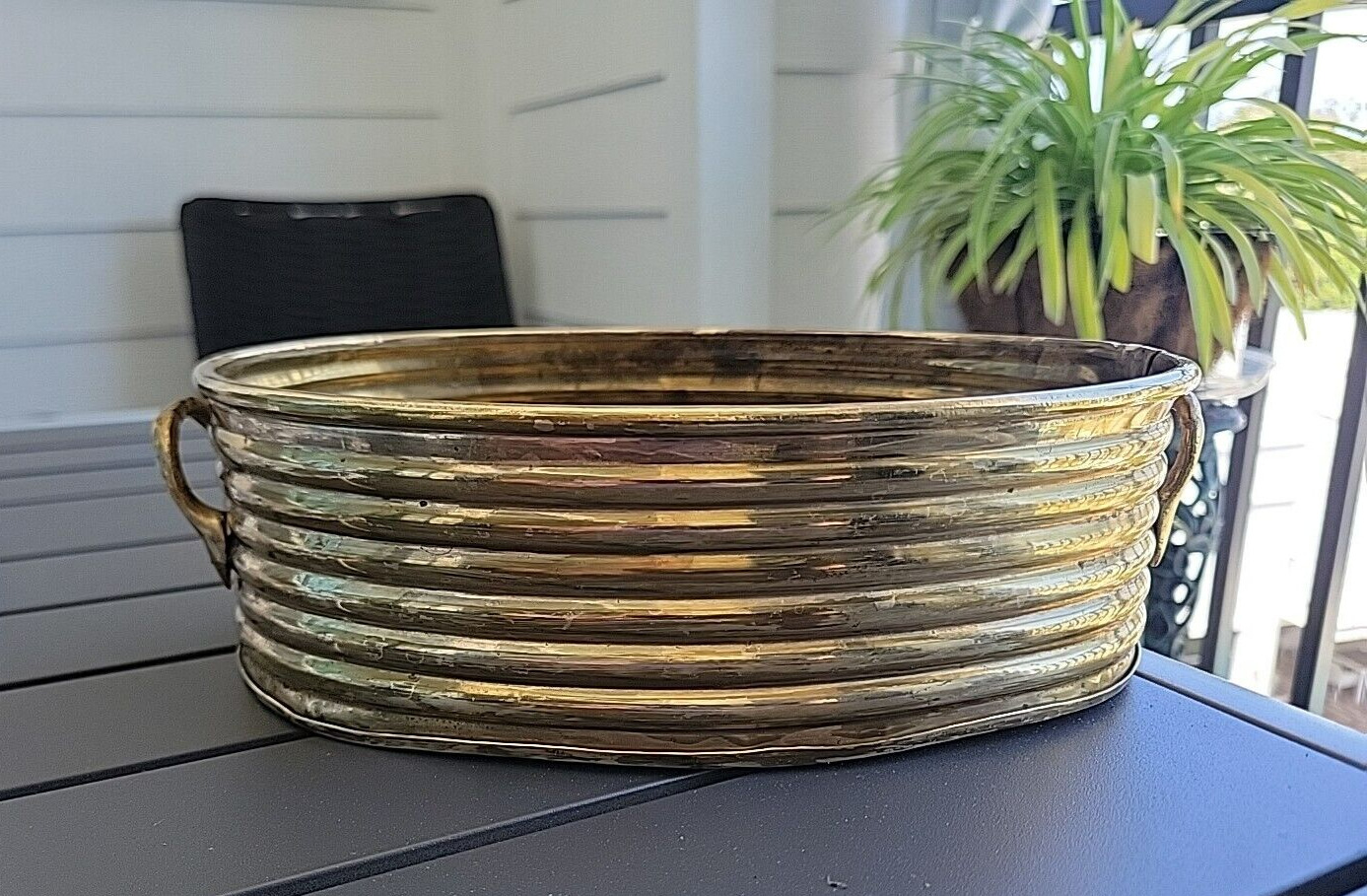 Vintage Solid Brass Ribbed Oval Planter With Handles 1990\'s