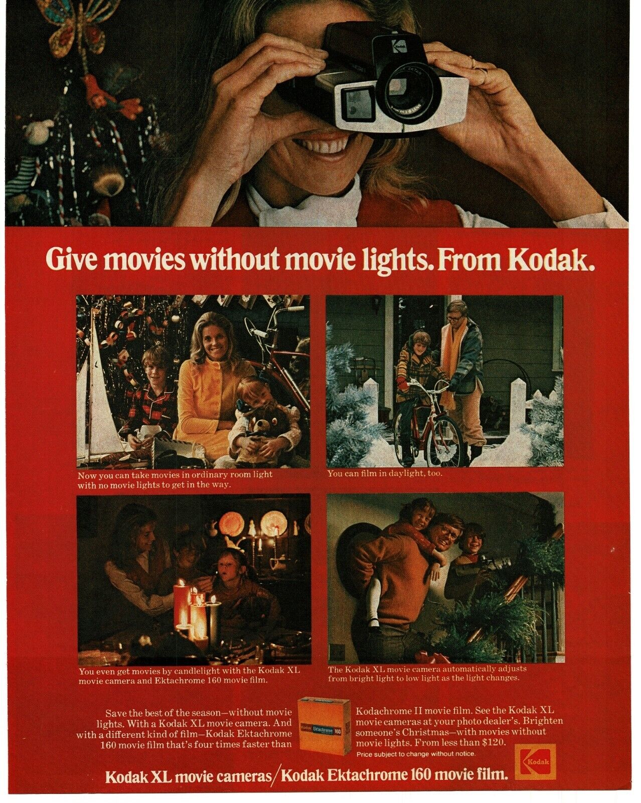 1972 KODAK XL Movie Camera at Christmas time Vintage Print Ad
