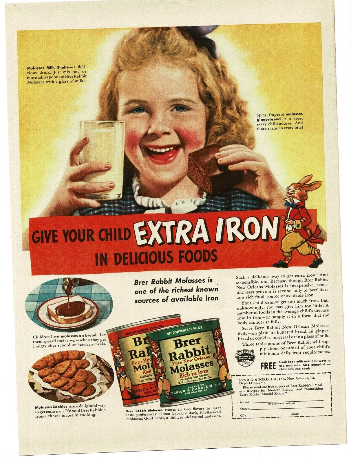 1941 Brer Rabbit Molasses happy little girl  eats gingerbread Vintage Print Ad