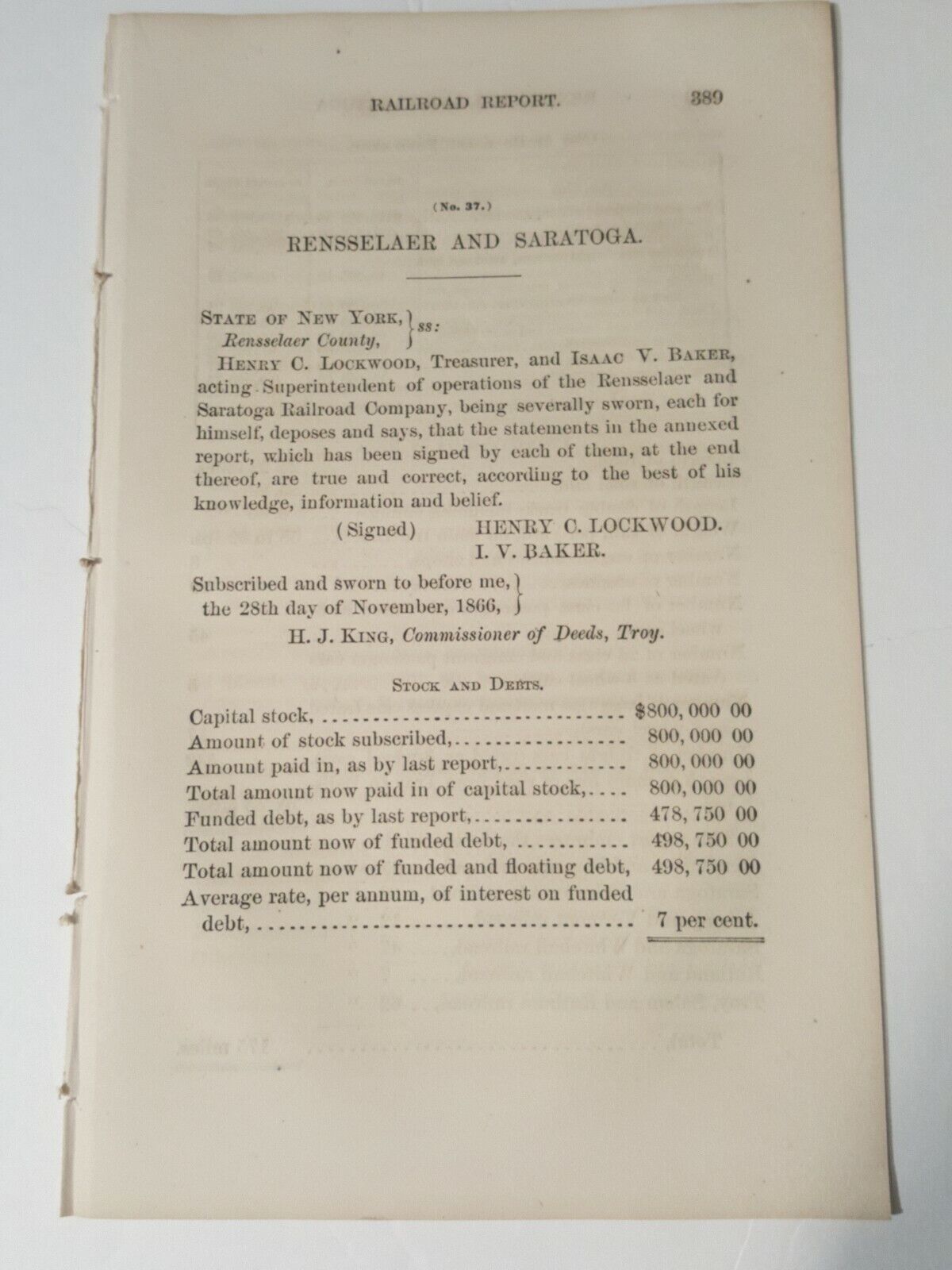 1866 NY RR paper RENSSELAER & SARATOGA RAILROAD Castleton Ballston Green Island