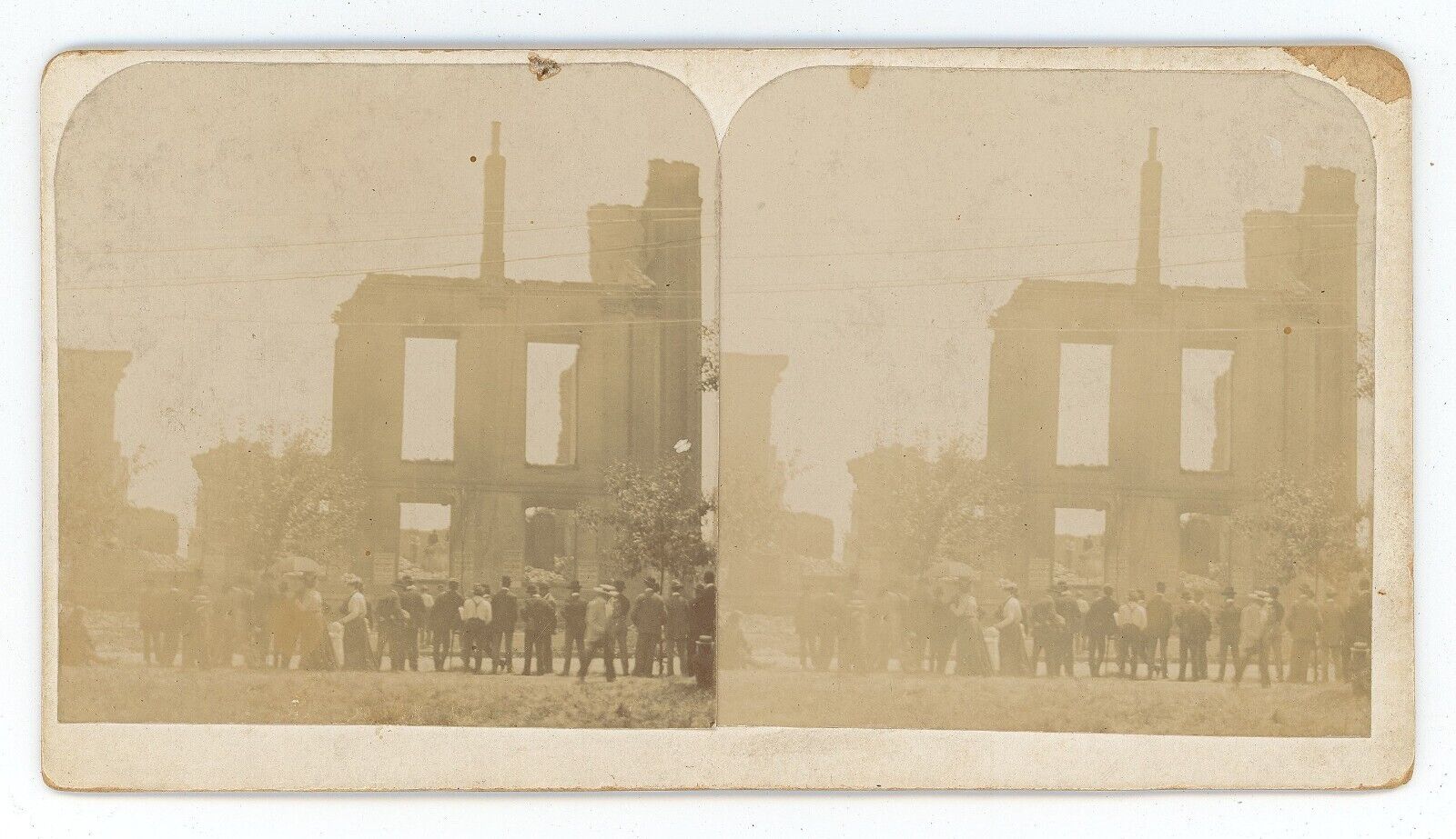 c1900's Real Photo Stereoview People Looking at Ruins of Building After Fire