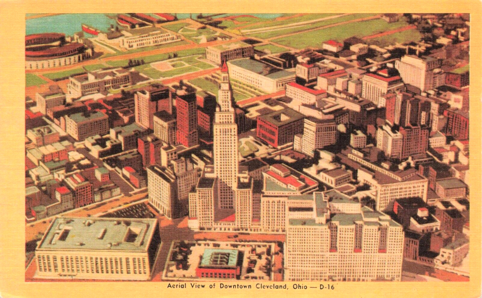 Postcard Aerial View of Downtown Cleveland, Ohio Linen