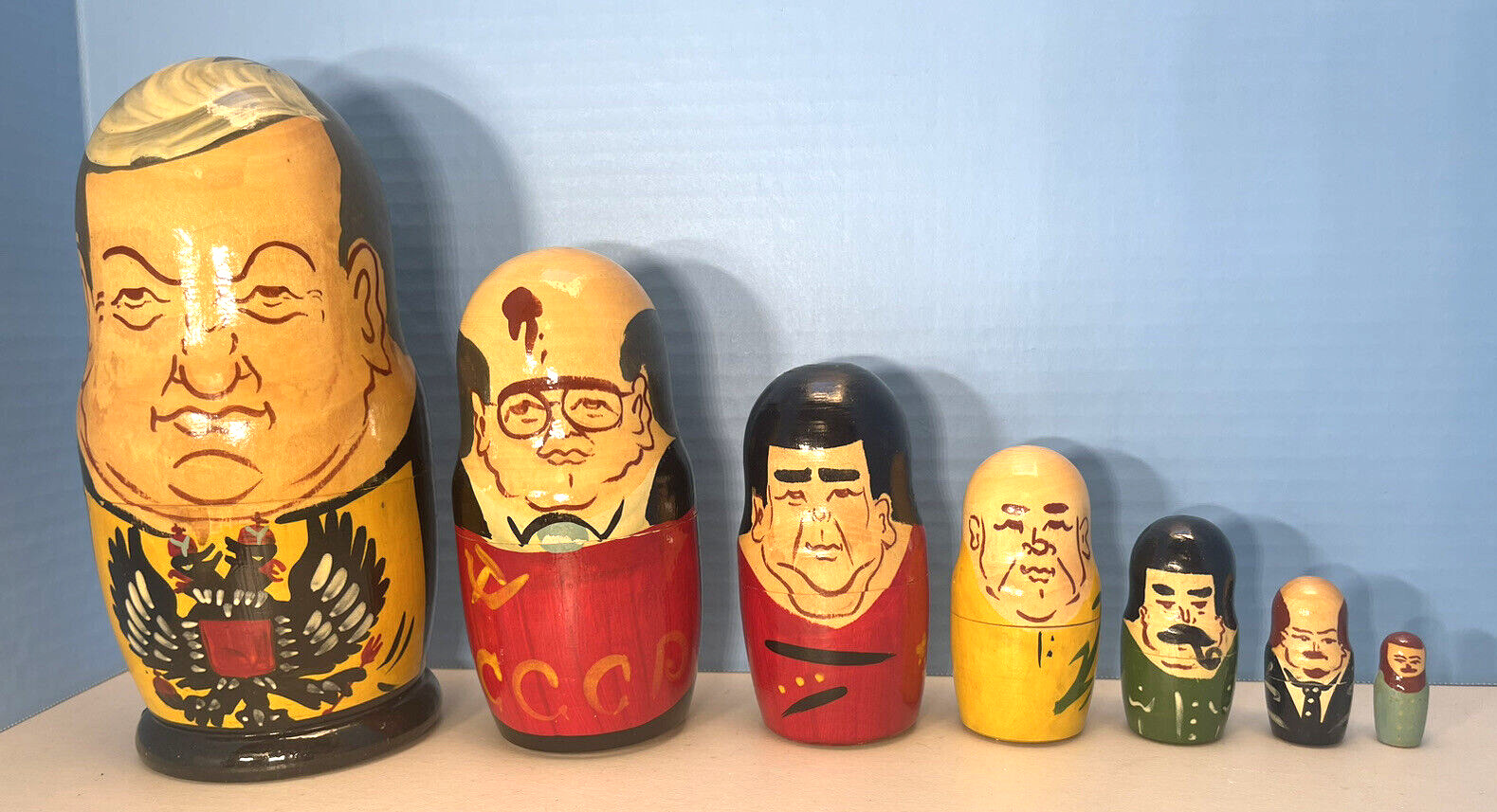 Vintage Russian Presidents 7 Wooden MATRYOSHKA NESTING DOLLS Soviet Leaders