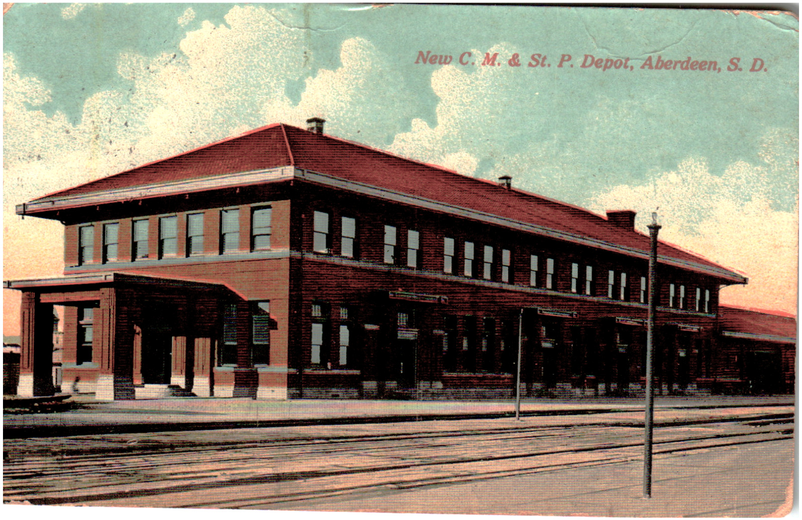 Postcard 1914 Chicago Milwaukee St. Paul & Pacific Railroad Station Aberdeen, SD