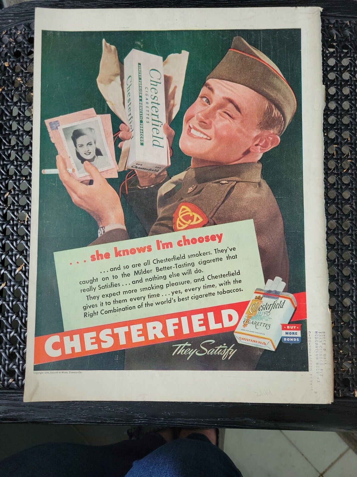 1944 Chesterfield  Cigarettes WWII Soldier Smoking Girl Photo Vintage ad