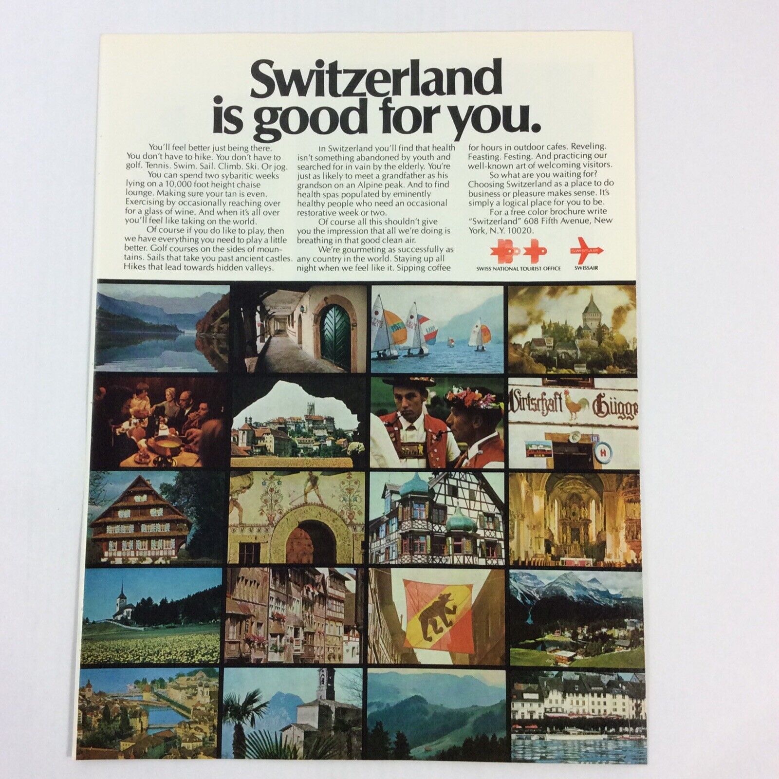Swiss National Tourist Office Swissair 1988 Vintage Print Advertisement