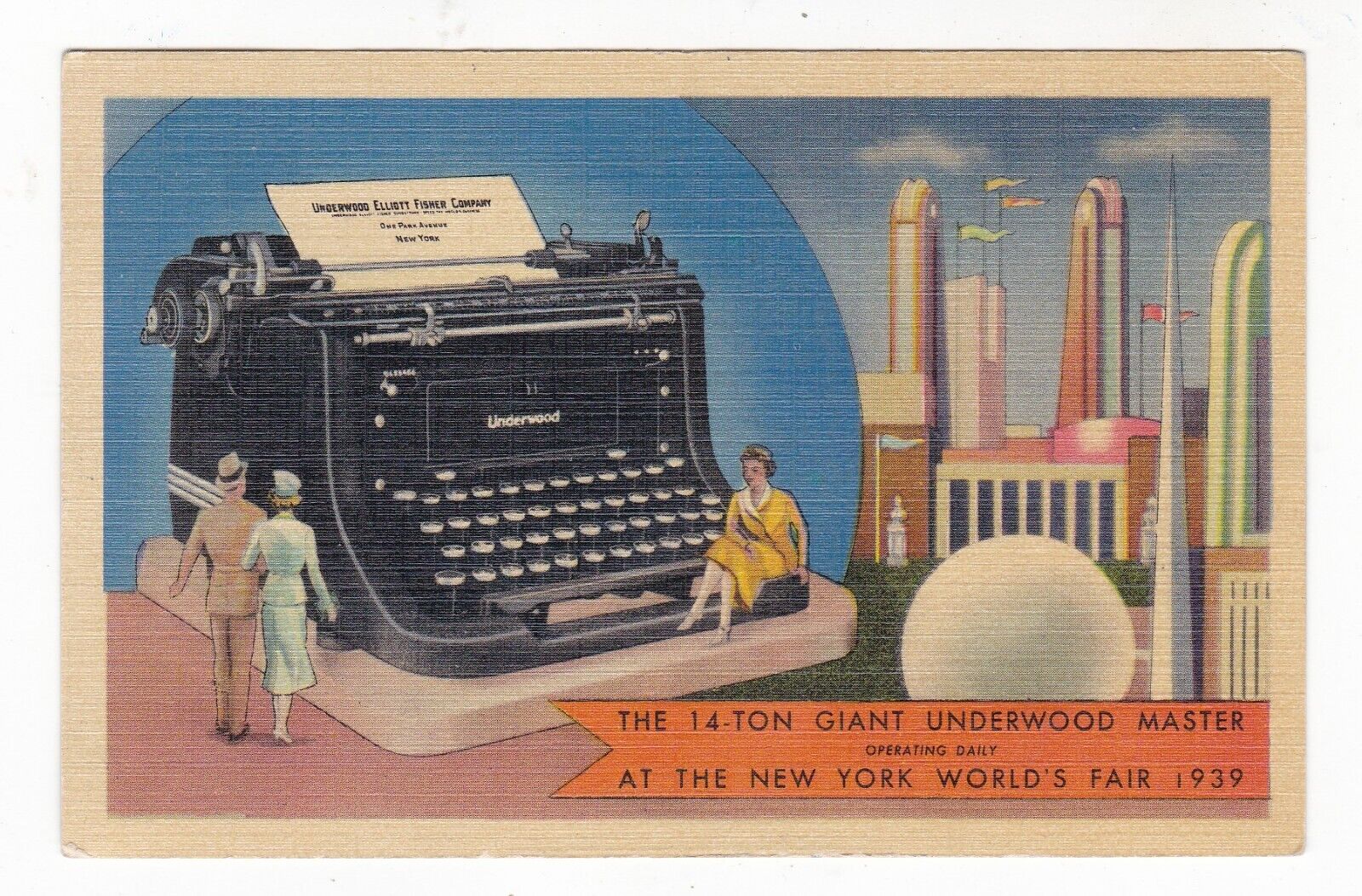 1939 NEW YORK NY GIANT UNDERWOOD MASTER TYPERWRITER 14 TON VINTAGE POSTCARD 