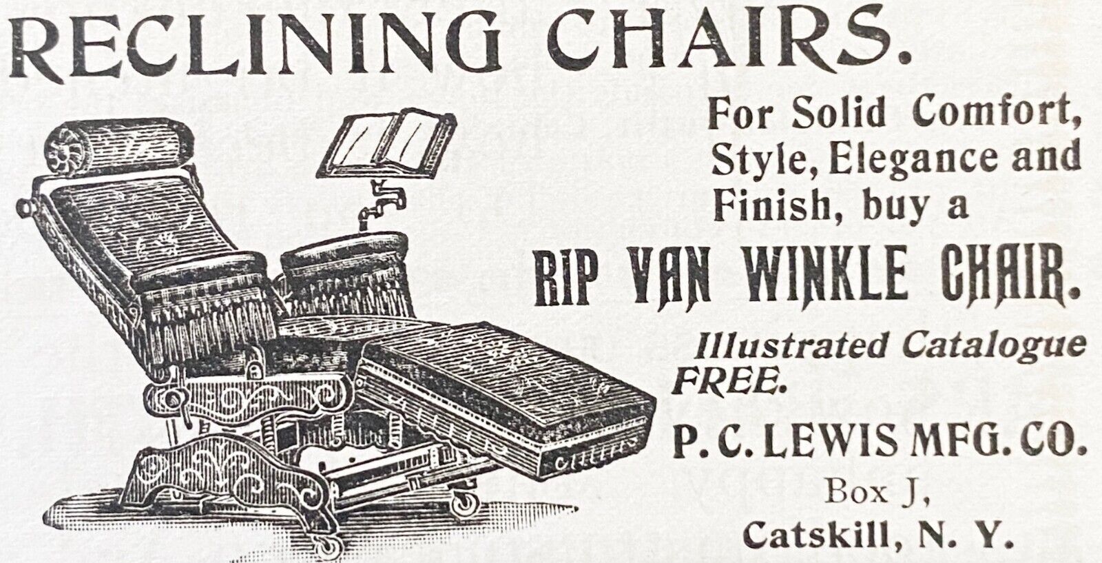 1895 RIP VAN WINKLE CHAIR Vtg Recliner Furniture Print Ad~P.C. Lewis Catskill NY