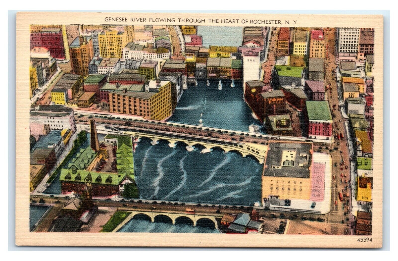 Postcard Genesee River flowing the the heart of Rochester NY linen T43