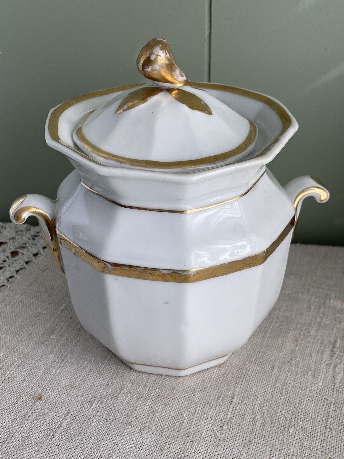 Antique Large Sugar Bowl w/Lid Double Handle Gold Trim Pear Finial 6 3/4” Tall