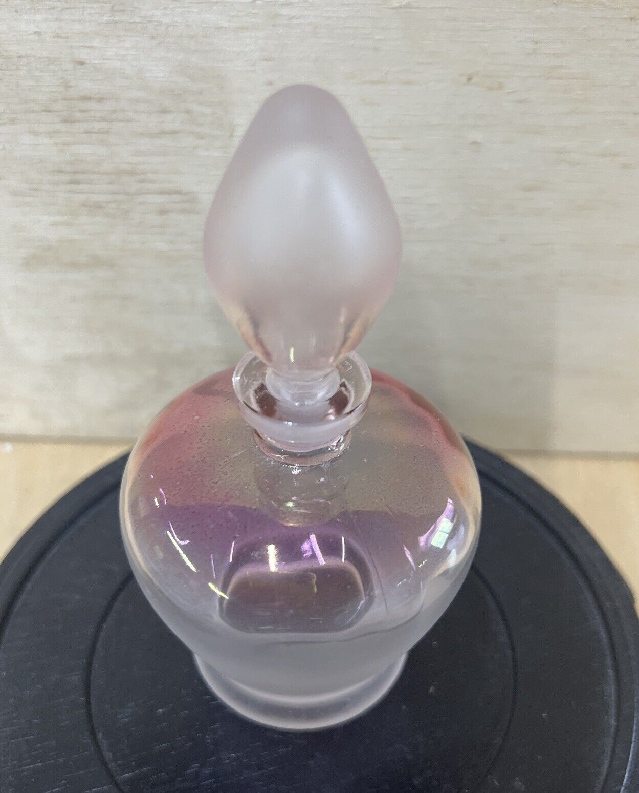 Vintage Frosted & Iridescent Pink Glass Perfume Bottle With Glass Stopper