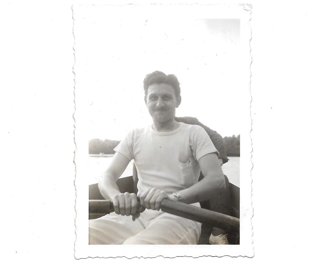 Vintage Photo Handsome Guy Rowing Boat Old Canoe 1940 Belmont Lake State Park NY